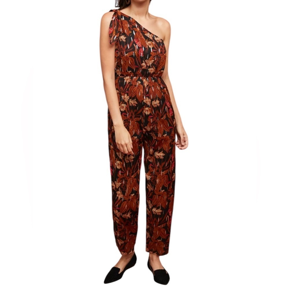 Anthropologie One-Shoulder Leaf-Print Jumpsuit in Brown & Black